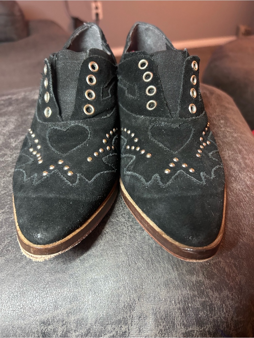 Free People Studded Suede Slip-On Oxfords - Black & Tan, Sz 37